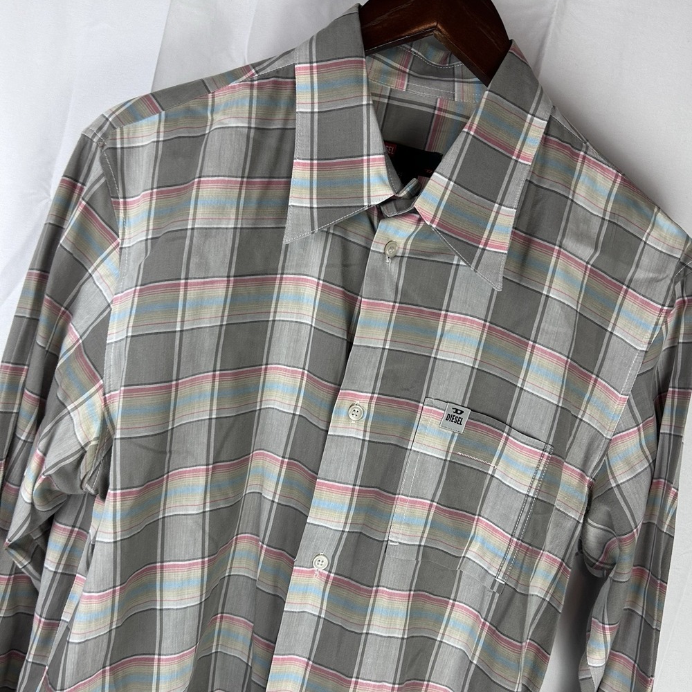 Diesel Shirt Mens Size Large Gray Plaid Button‎ Long Sleeve Casual Lightweight